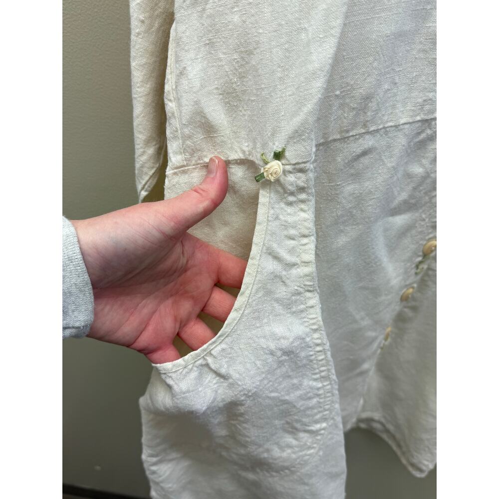 FLAX Jeanne Engelhart Linen Dress | Size M | Ivory Button Front Embroidered - Picture 6 of 7